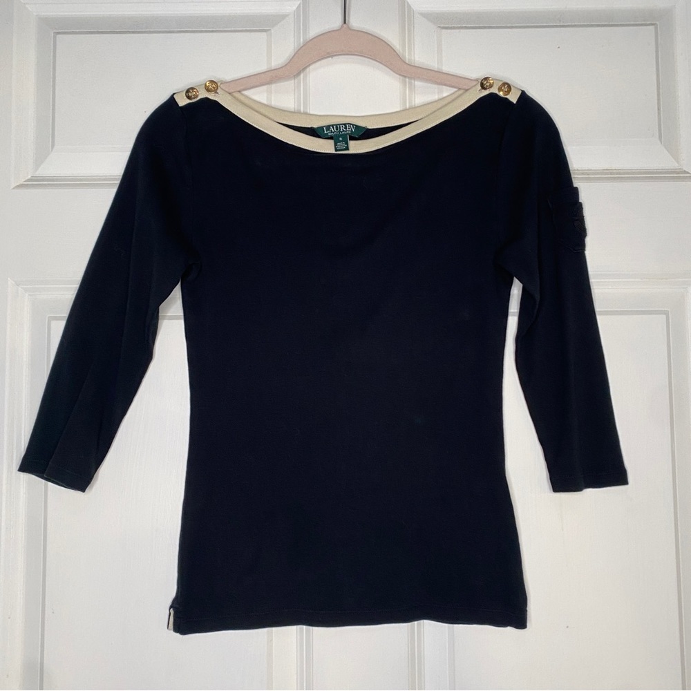 Lauren Ralph Lauren Boatneck Tee Black Cream Gold Buttons Size Small